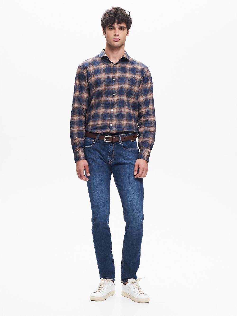 Rinascimento Camicia Check Uomo Collo alla Francese Blu QB24 Economico