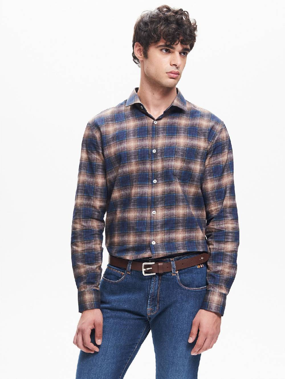 Rinascimento Camicia Check Uomo Collo alla Francese Blu QB24 Economico