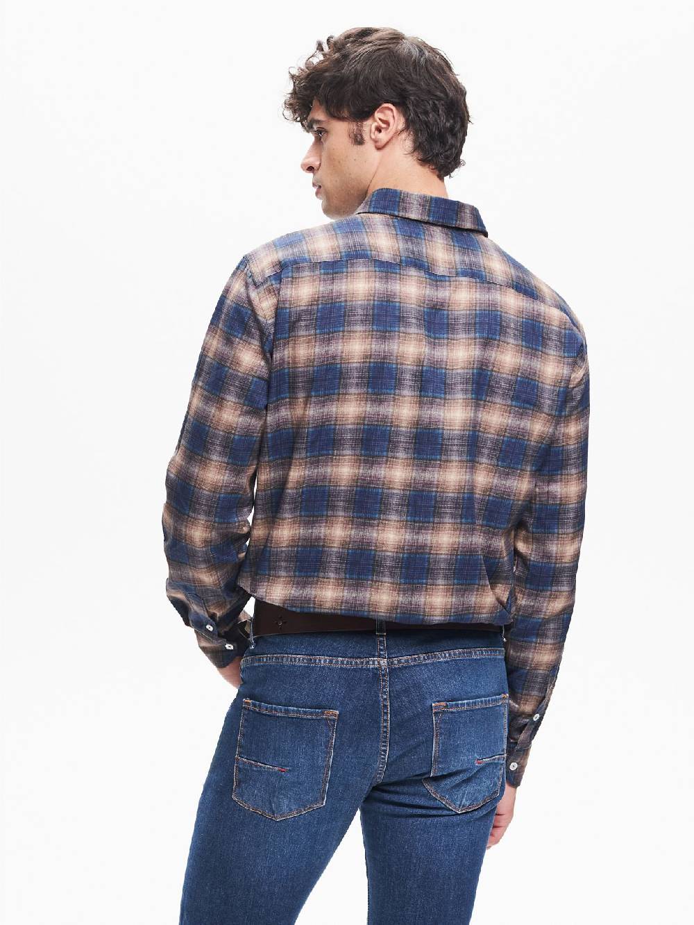 Rinascimento Camicia Check Uomo Collo alla Francese Blu QB24 Economico