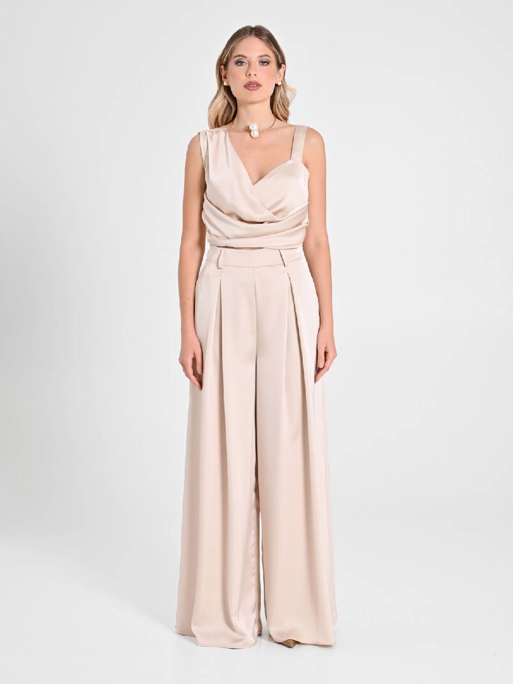 Rinascimento Pantaloni Palazzo in Satin Beige Affare Del Giorno