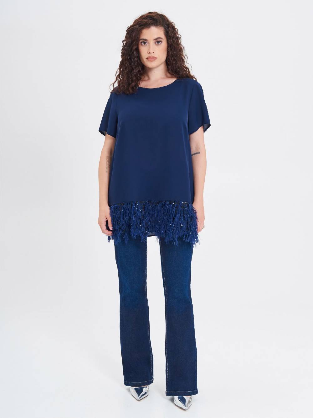 Rinascimento Blusa Curvy con Piume Lurex In Linea