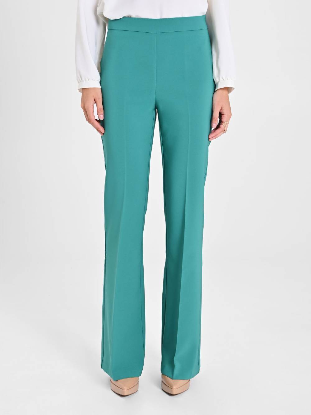 Rinascimento Pantaloni Flared in Tessuto Tecnico Verde Giada Donna Grande vendita