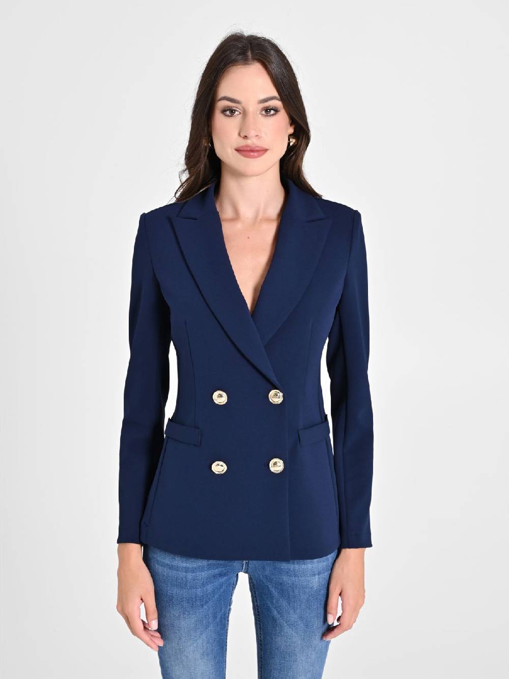 Rinascimento Giacca Doppiopetto Blu in Scuba mano Crepe Prezzo basso