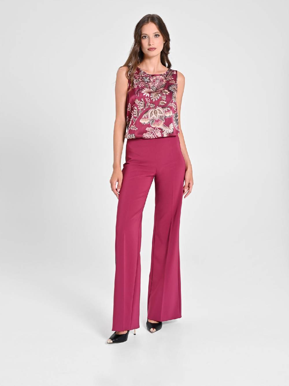 Rinascimento Pantaloni Palazzo in Tessuto Tecnico Bordeaux Donna Grandi sconti