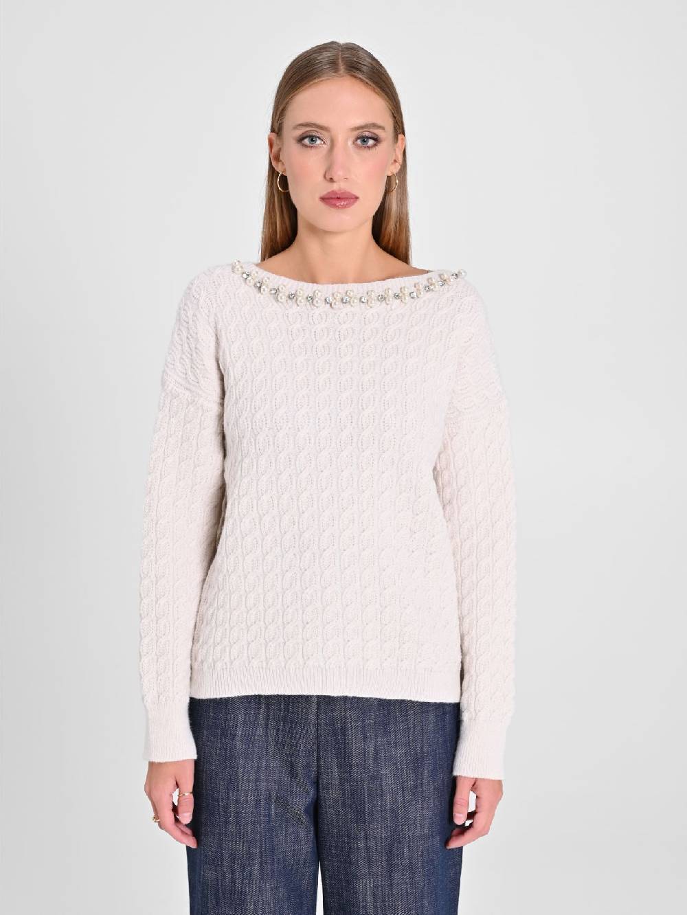Rinascimento Maglione Bianco scollo Perle Sconti VIP
