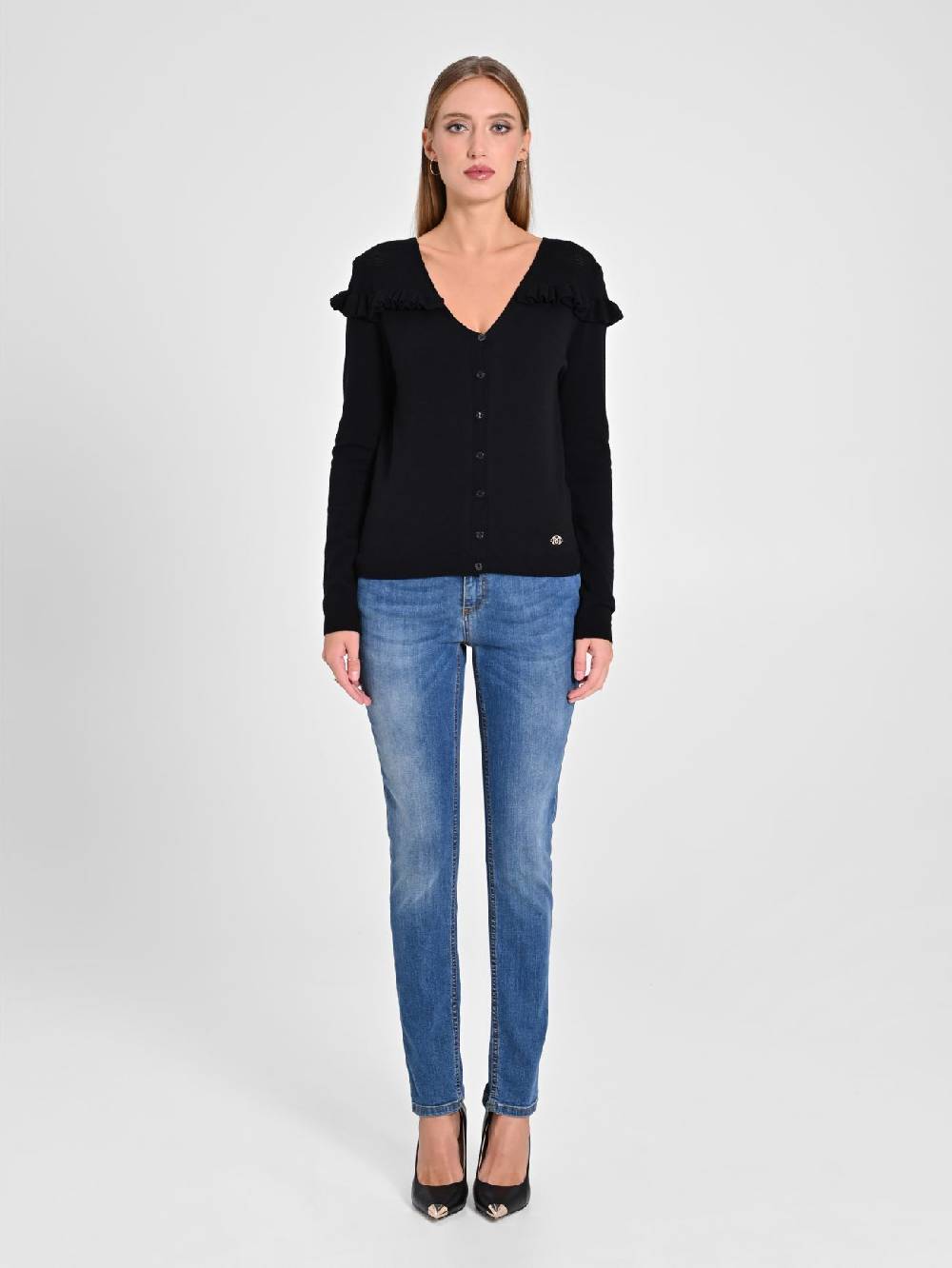 Rinascimento Cardigan Nero con Rouches Consegna Veloce