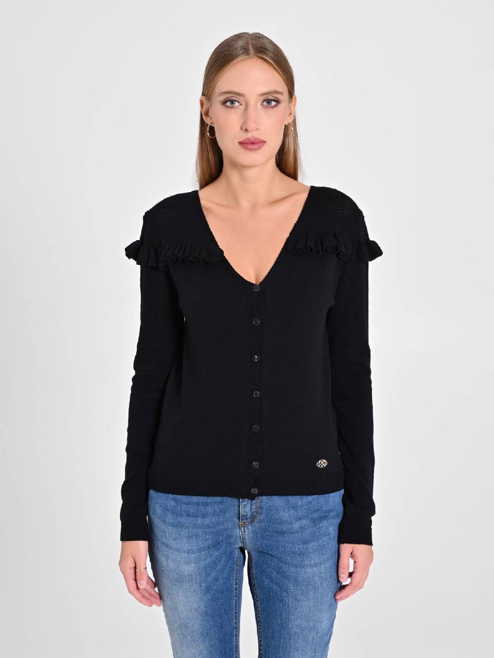 Rinascimento Cardigan Nero con Rouches Consegna Veloce