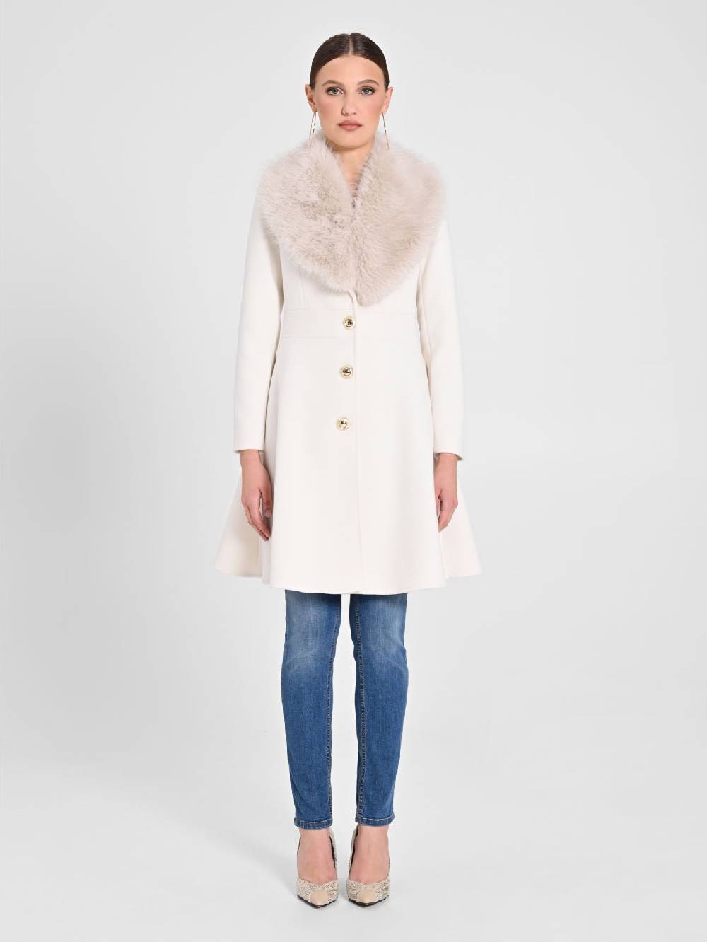 Rinascimento Cappotto Bianco con Collo effetto Pelliccia Shopping Online