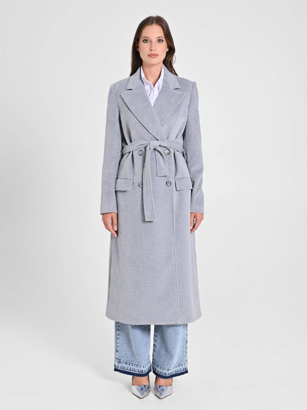 Rinascimento Maxi Cappotto Grigio con Cintura Acquista Ora