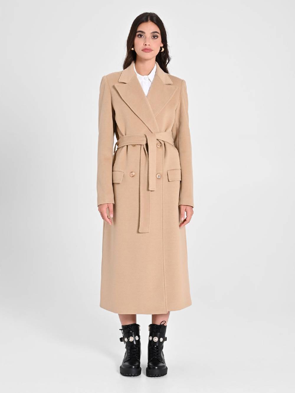 Rinascimento Maxi Cappotto Cammello con Cintura Consegna Veloce
