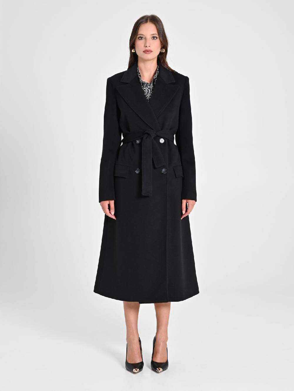 Rinascimento Maxi Cappotto Nero con Cintura Promozione Limitata