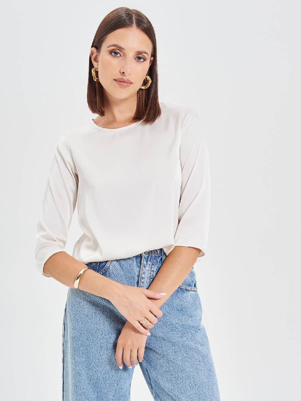 Rinascimento Blusa in Raso Bianco Avorio Offerta per la Festa della Mamma