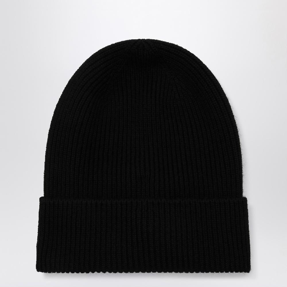 Moncler Cuffia nera in lana con patch logo Saldi Di Fabbrica
