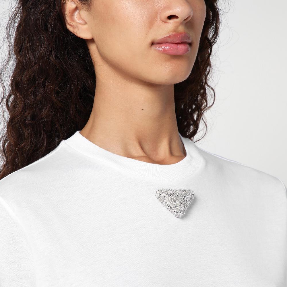 Prada T-shirt bianca in jersey con logo triangolo ricamato Spedizione Gratuita