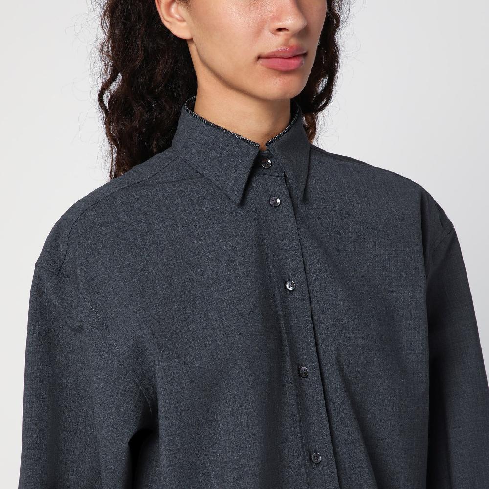 Brunello Cucinelli Camicia grigia scura con Shiny Collar Detail Vendita Calda