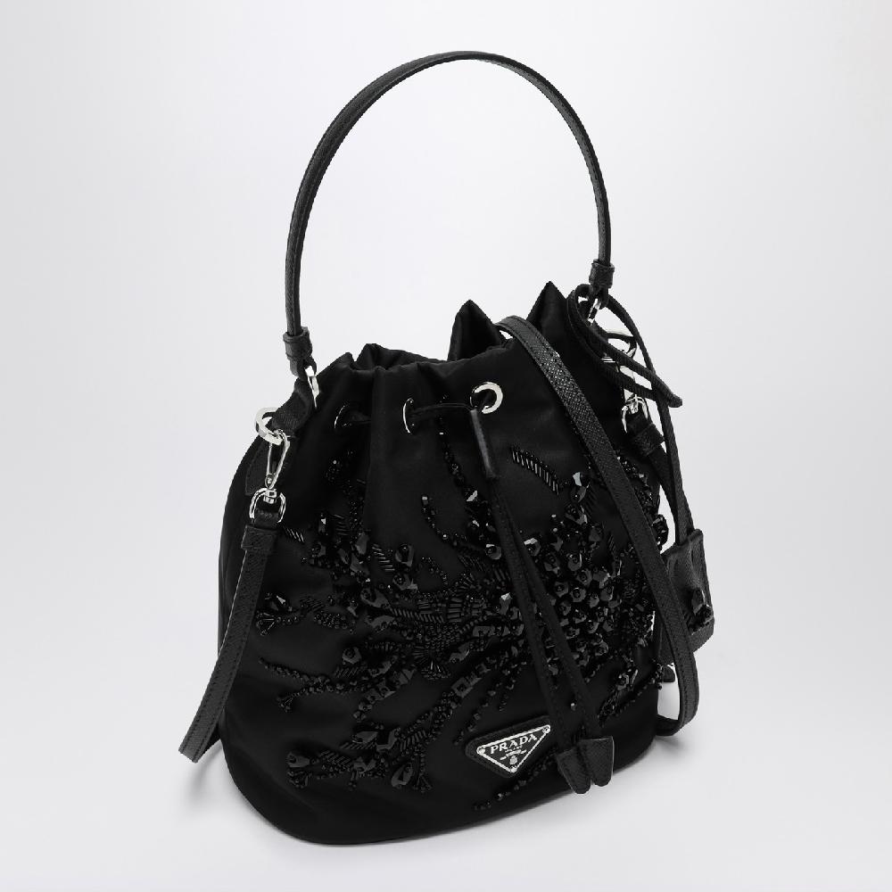 Prada Mini borsa nera in Re-Nylon con ricami Negozi Online