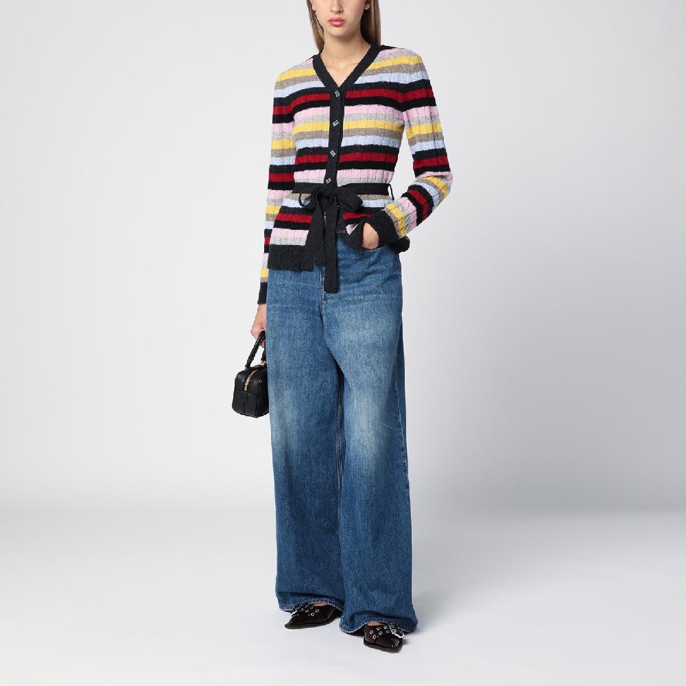 Ganni Cardigan a righe multicolore con cintura 2025