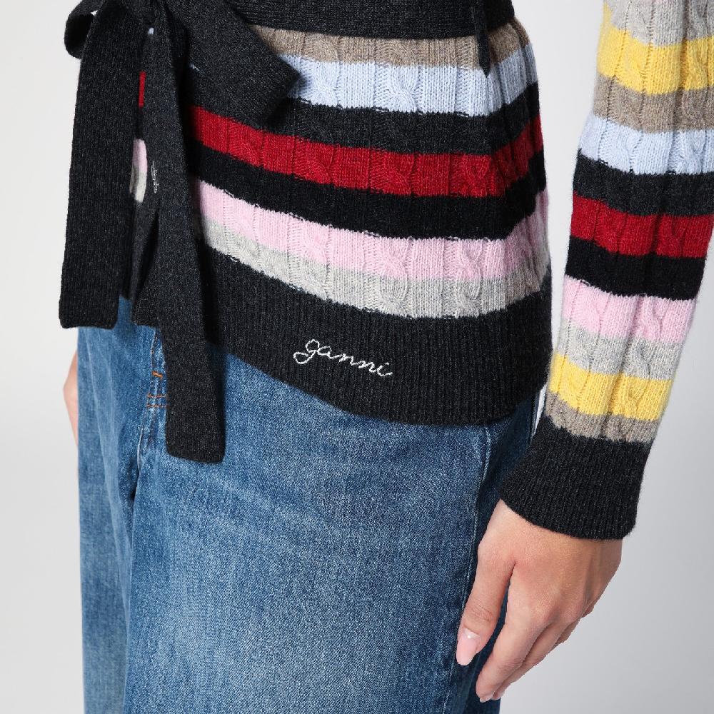 Ganni Cardigan a righe multicolore con cintura 2025