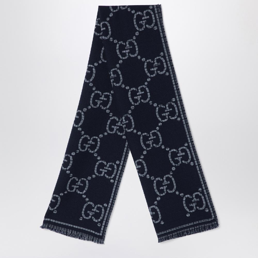 GUCCI Sciarpa in lana GG a quadri grigia/blu