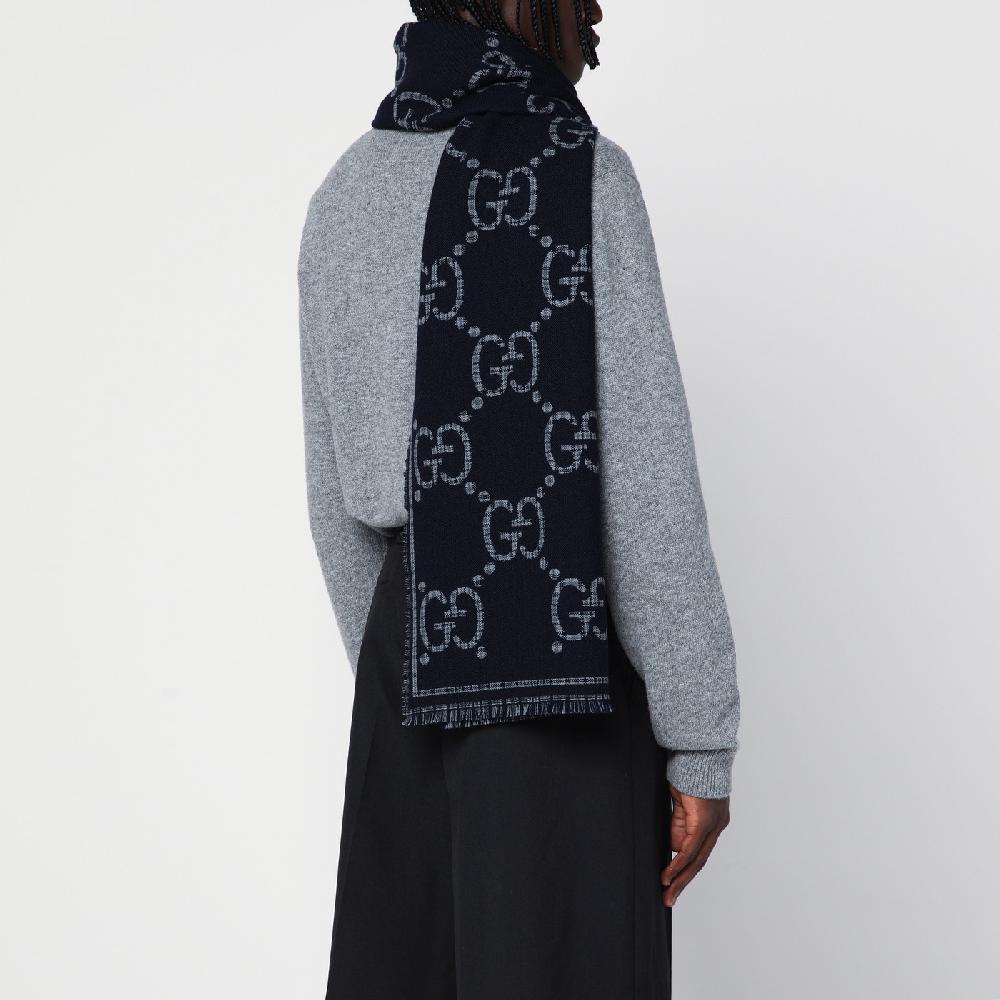 GUCCI Sciarpa in lana GG a quadri grigia/blu Consegna Veloce