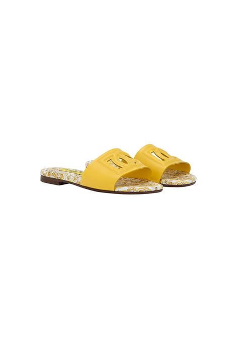 DOLCE & GABBANA KIDS Slide In Pelle Gialla Con Logo DG e Stampa Maiolica - DOLCE & GABBANA KIDS Vendita Calda