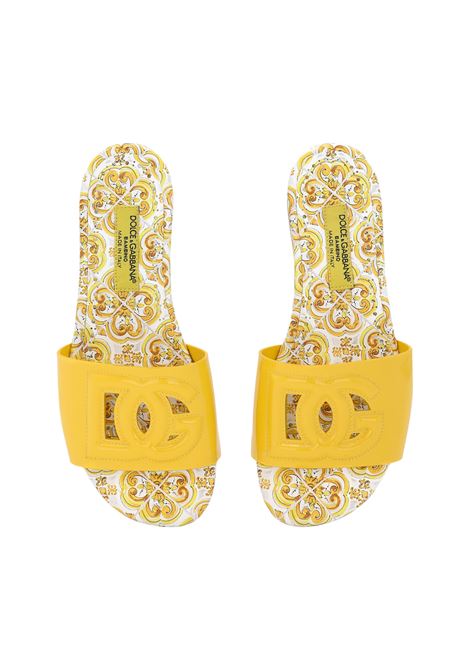 DOLCE & GABBANA KIDS Slide In Pelle Gialla Con Logo DG e Stampa Maiolica - DOLCE & GABBANA KIDS Vendita Calda