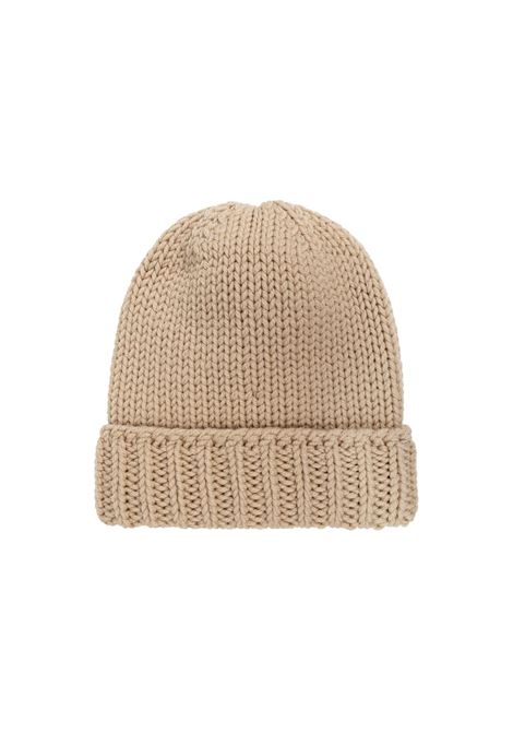 MONCLER ENFANT Berretto In Maglia Rasata Beige Chiaro Con Logo - MONCLER ENFANT Nuovo