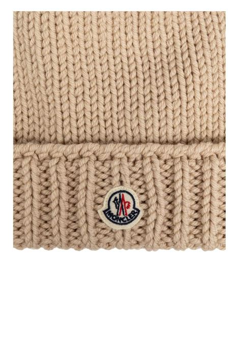 MONCLER ENFANT Berretto In Maglia Rasata Beige Chiaro Con Logo - MONCLER ENFANT Nuovo