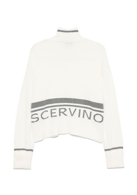 ERMANNO SCERVINO JUNIOR Maglione a Collo Alto Bianco Con Logo e Righe In Grigio - ERMANNO SCERVINO JUNIOR Offerta