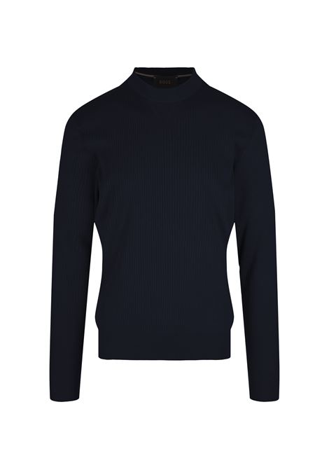 BOSS Maglione Regular Fit In Seta e Cotone Blu - BOSS I Più Venduti