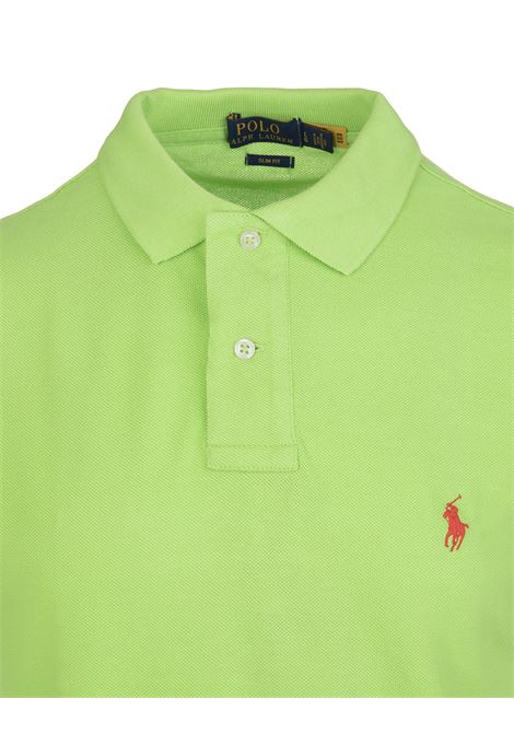 RALPH LAUREN Polo in Piquet Slim-Fit Verde Chiaro e Rossa - RALPH LAUREN Vendita