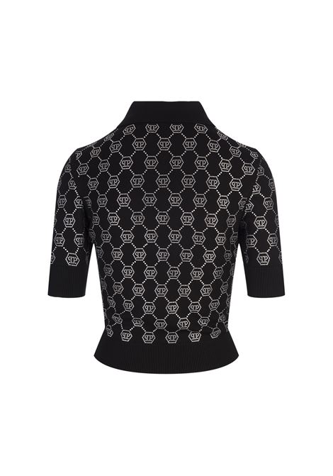 PHILIPP PLEIN Polo In Maglia Nera Con Monogram Di Strass - PHILIPP PLEIN Vendite Flash