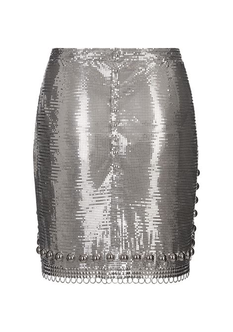 RABANNE Gonna Corta In Mesh Argento Con Anelli e Borchie - RABANNE Prezzo Ridotto