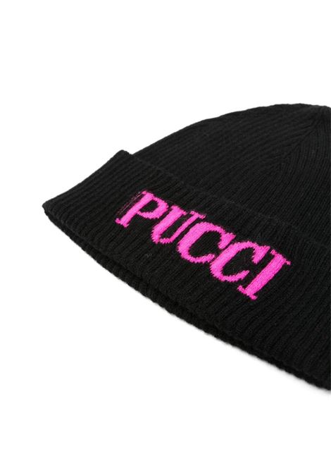EMILIO PUCCI JUNIOR Berretto a Coste Nero Con Logo Fucsia - EMILIO PUCCI JUNIOR Prezzo Ridotto