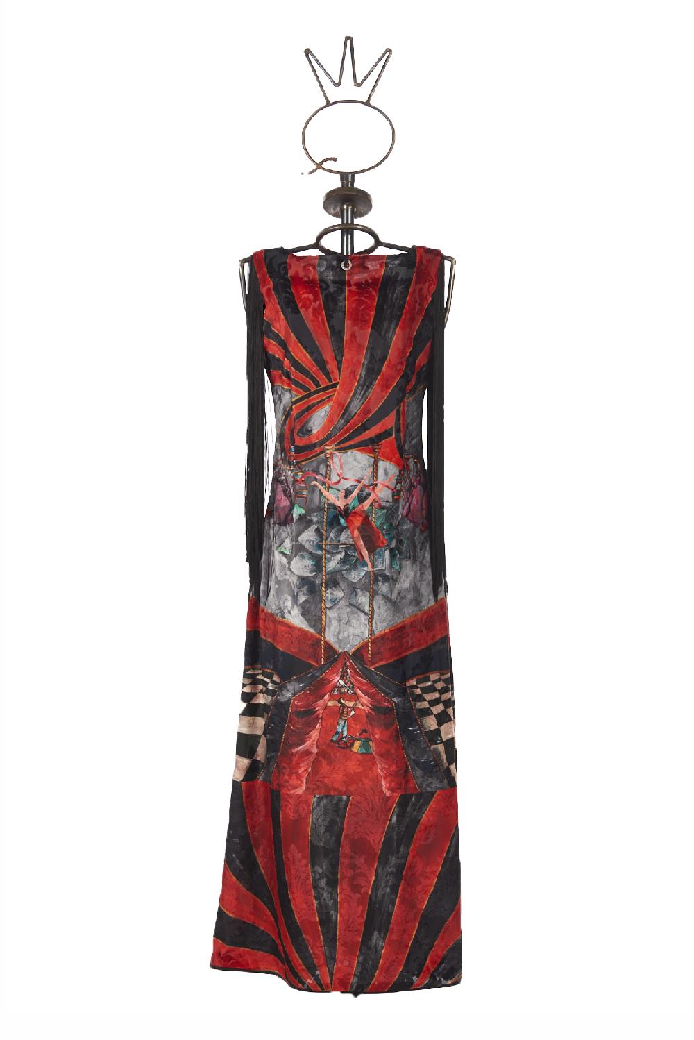 Save The Queen vestito lungo in tessuto devorè con stampa dedicata al Circo Promozione
