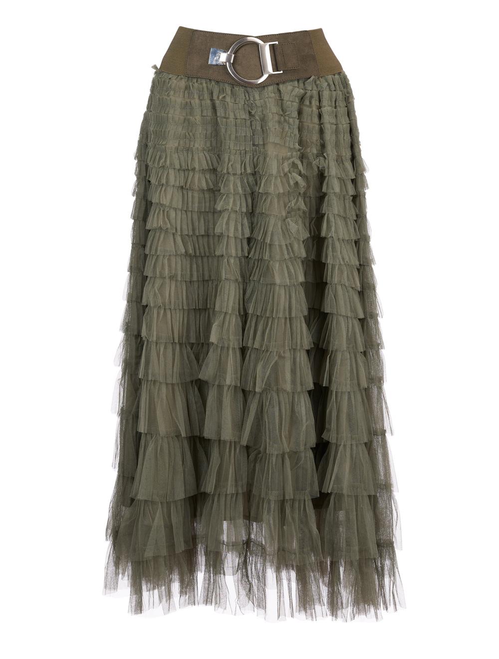 Save The Queen Gonna lunga a balze in tulle verde militare Nuova
