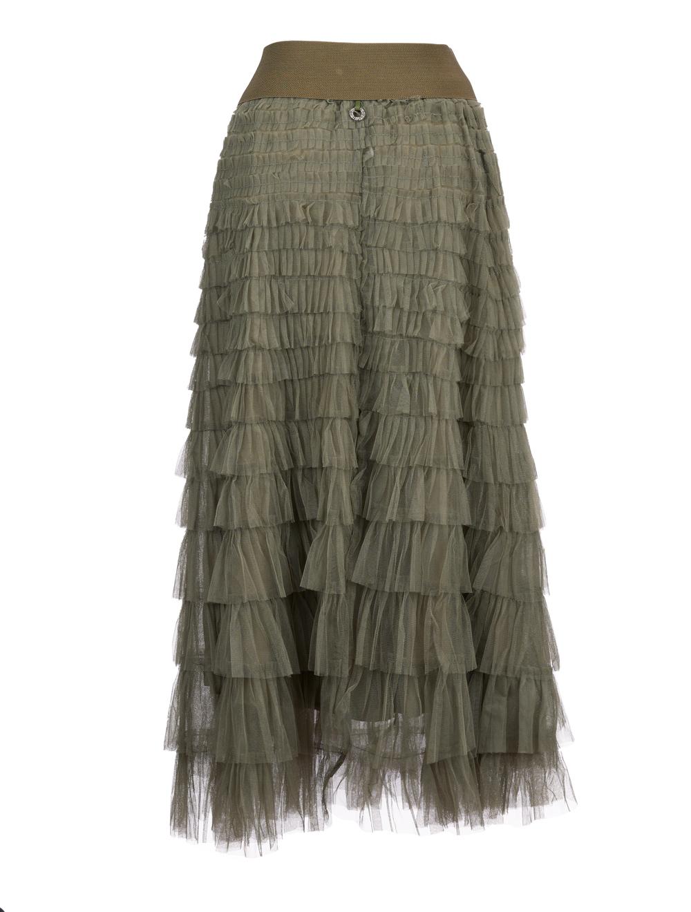 Save The Queen Gonna lunga a balze in tulle verde militare Nuova