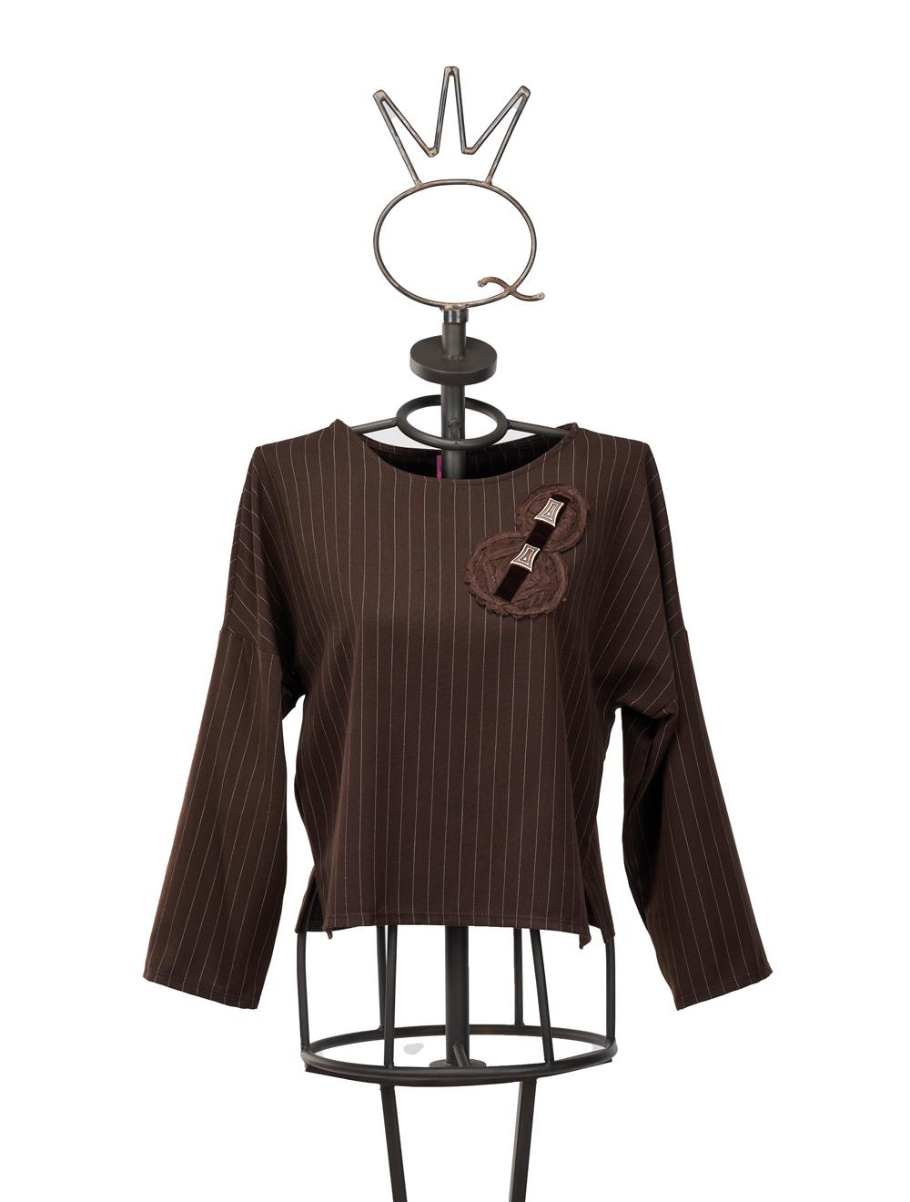 Save The Queen Blusa marrone in tessuto gessato con applicazione Nuovo