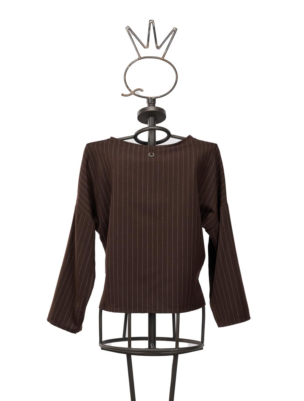 Save The Queen Blusa marrone in tessuto gessato con applicazione Nuovo