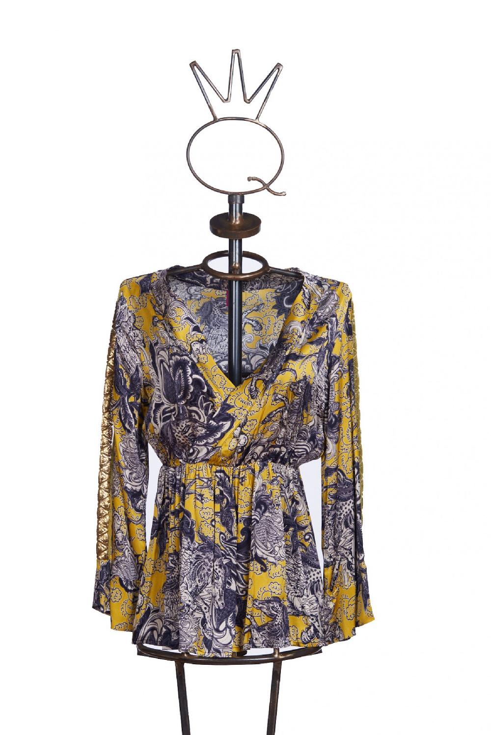 Save The Queen Blusa in raso con stampa rinascimentale
