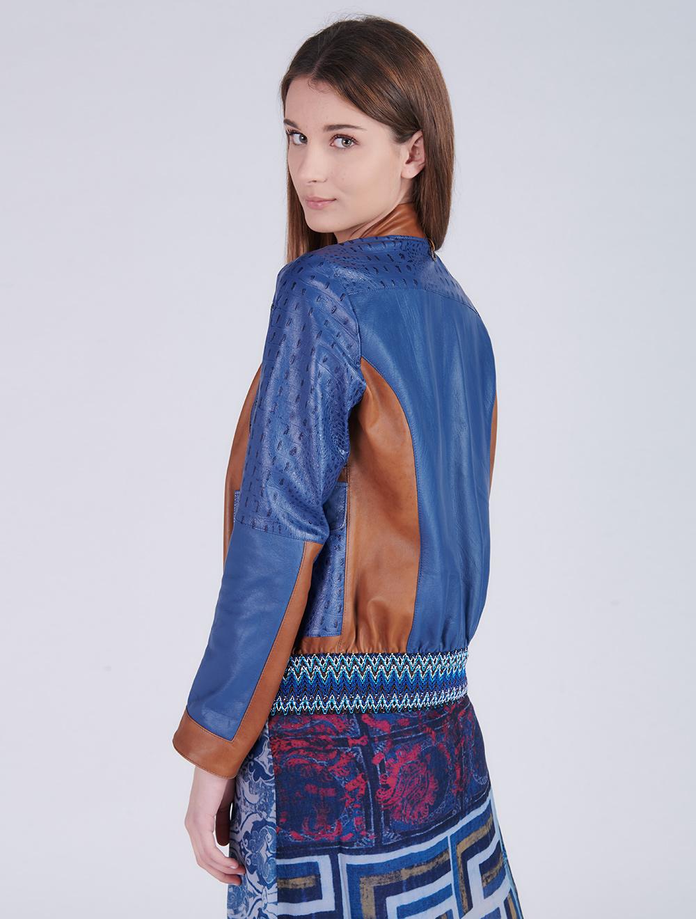 Save The Queen Giubbotto in pelle blu denim e color cognac lavorato ad intarsi Pezzi Unici