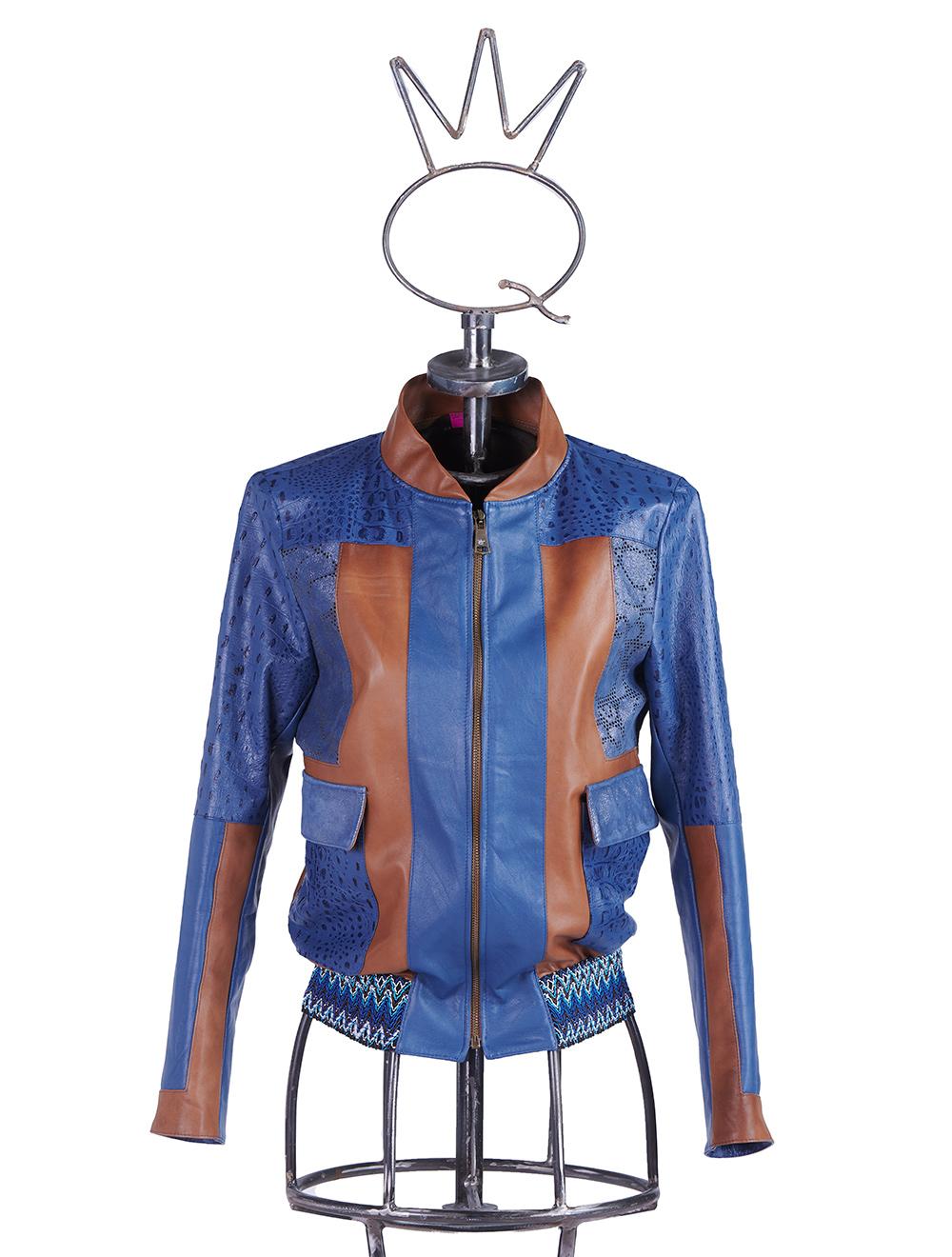 Save The Queen Giubbotto in pelle blu denim e color cognac lavorato ad intarsi Pezzi Unici