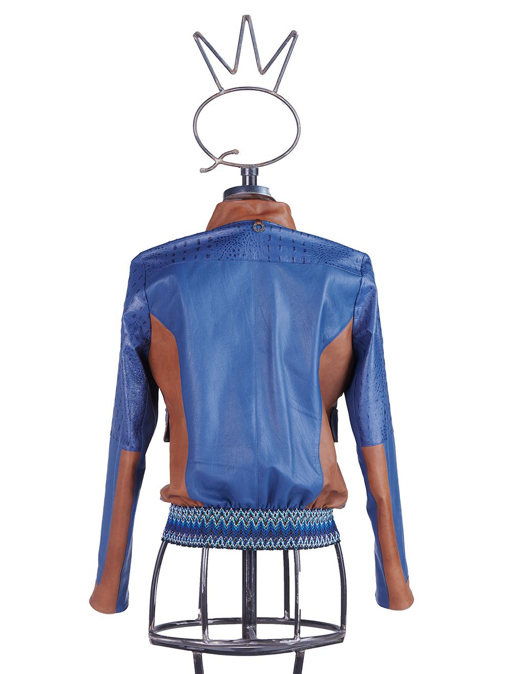 Save The Queen Giubbotto in pelle blu denim e color cognac lavorato ad intarsi Pezzi Unici