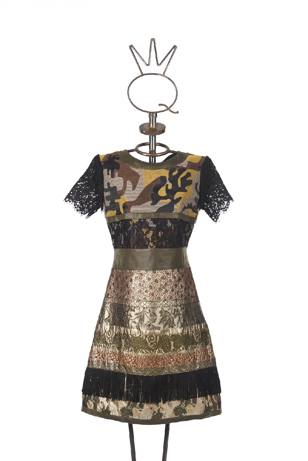Save The Queen vestito corto con lavorazione patchwork di tessuti operati ricamati ed ecopelle