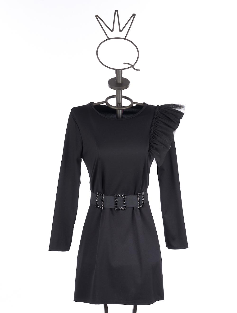 Save The Queen Abito nero con rouches e cinturone Outlet