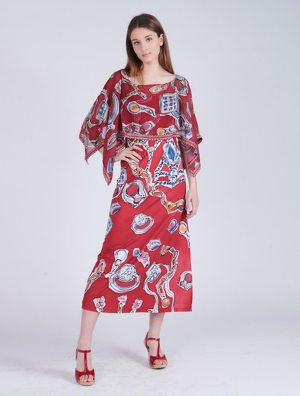 Save The Queen Vestito lungo con stampa “anelli” e poncho in chiffon Acquista Ora