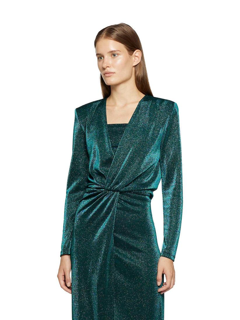 Space Simona Corsellini Abito lungo in Lurex con scollo incrociato e spacco davanti In Vendita