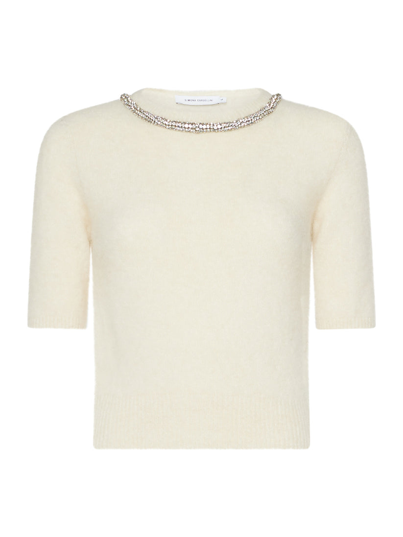 Space Simona Corsellini Maglia a manica corta in misto alpaca con strass nel girocollo