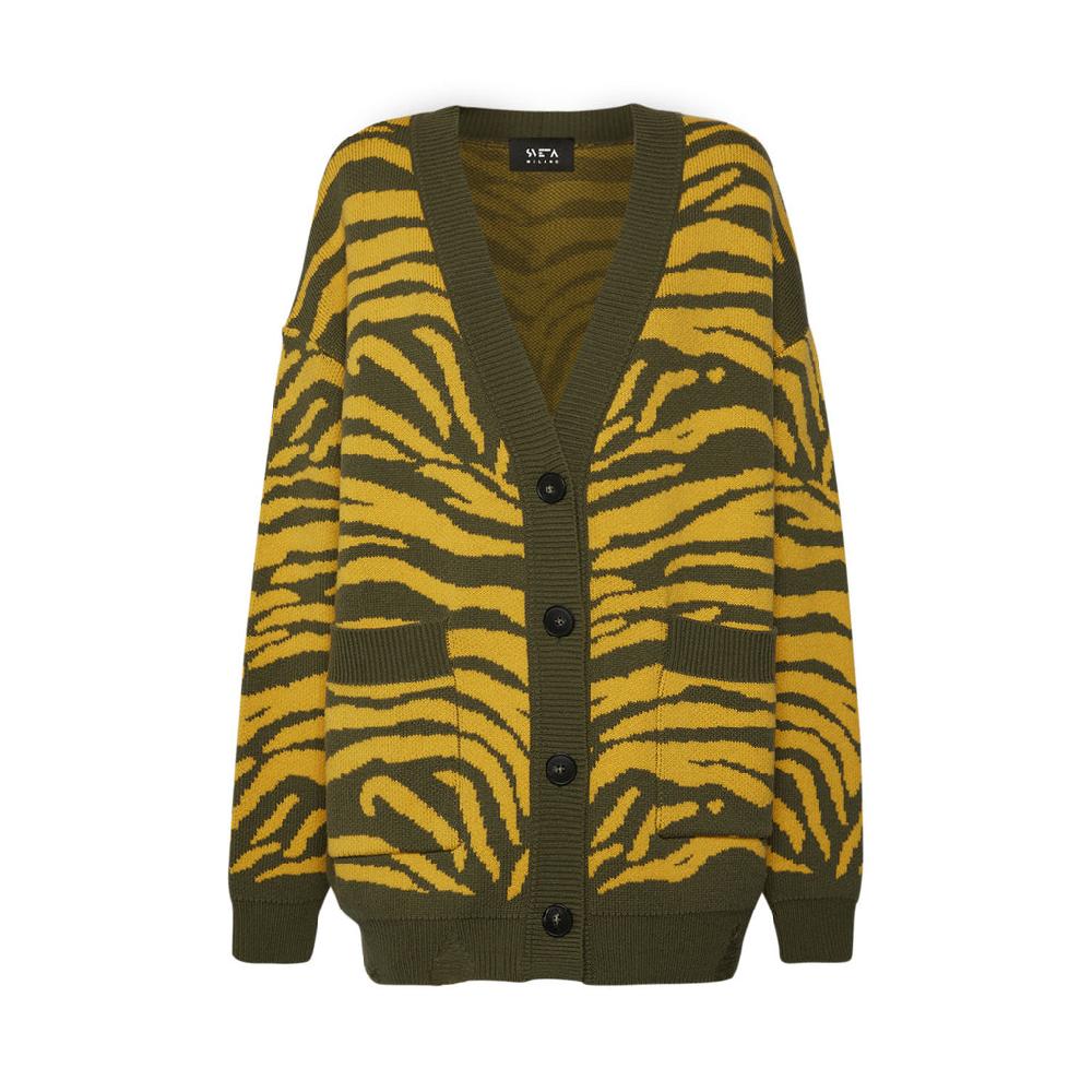 Sveta Milano Cardigan lungo jacquard Georgia in verde e giallo