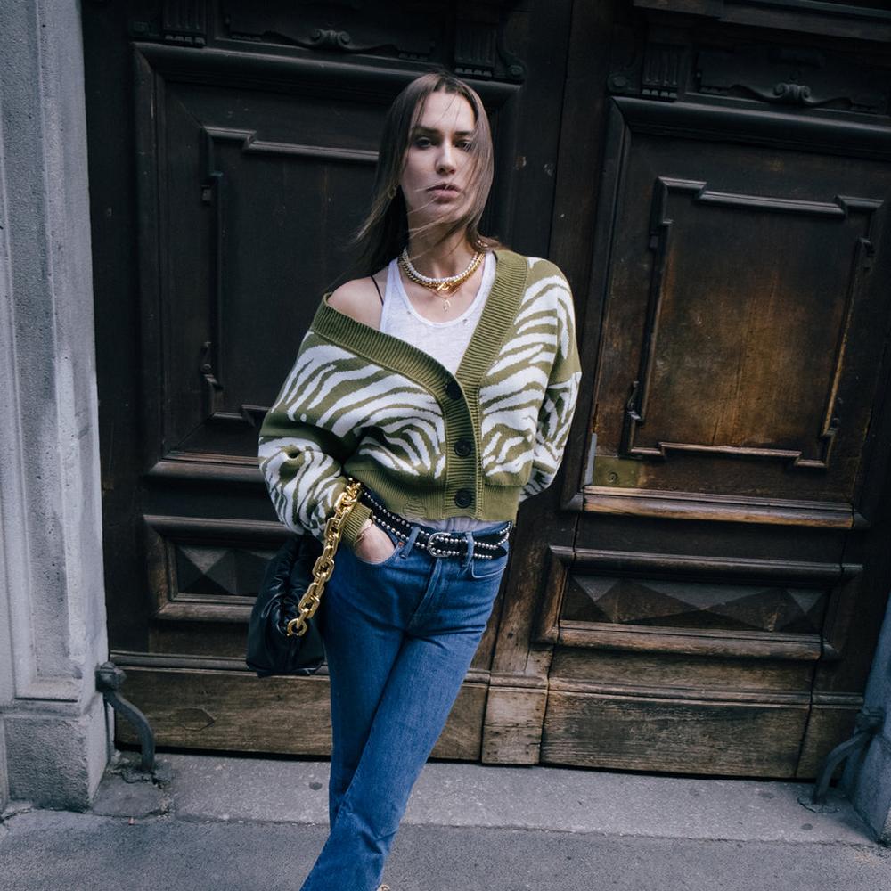 Sveta Milano Cardigan corto jacquard Janis in verde militare e bianco Negozio